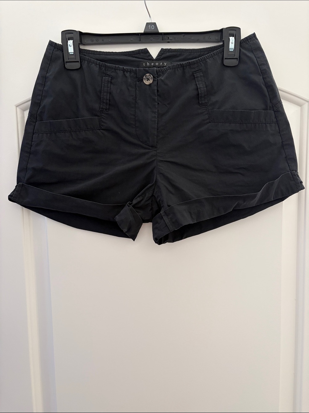Theory Black Women's Rolled Cuff Lightweight Poplin Shorts, size 2